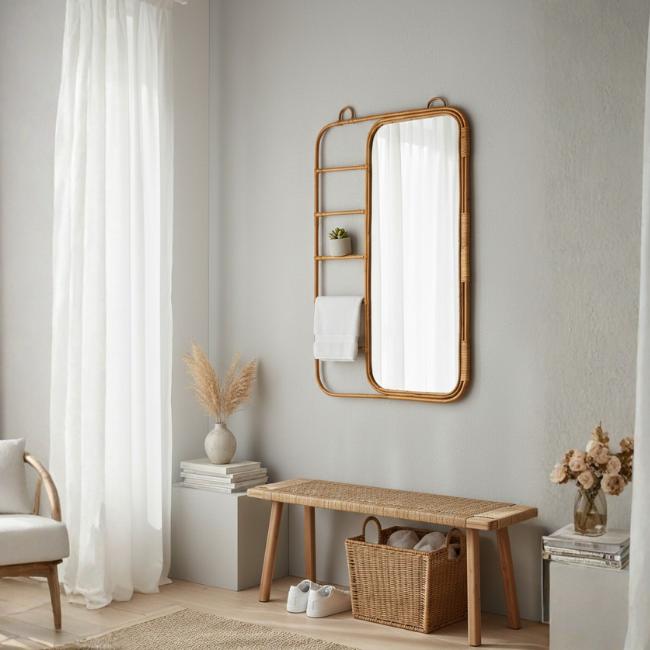 Handmade Rattan Wall Decor Ladder Mirror Frame Beige