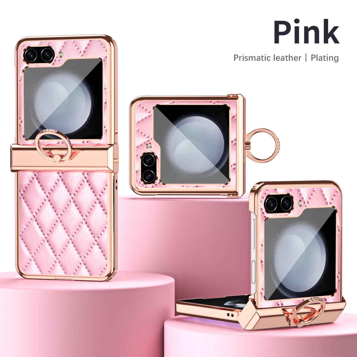 

RENGZ Ring Holder Hinge Protection Leather Case for Samsung Galaxy Z Flip 5 5G Small Fragrant Wind Shockproof Cover for Z Flip5 For Galaxy Z Flip 5 рожевий