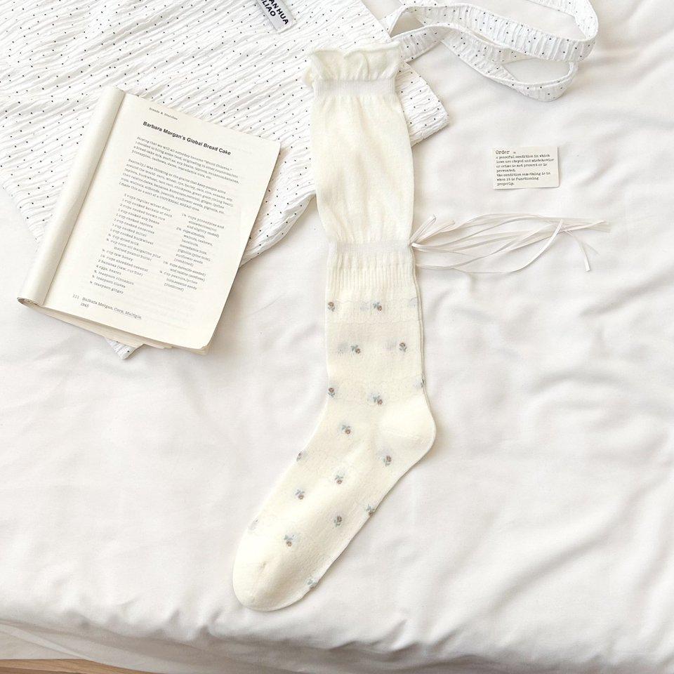Spring and Summer Thin Ballet Style Women Socks JK Floral Ribbon Women Calf Socks Super Fairy Mesh Breathable Cotton Pile Socks