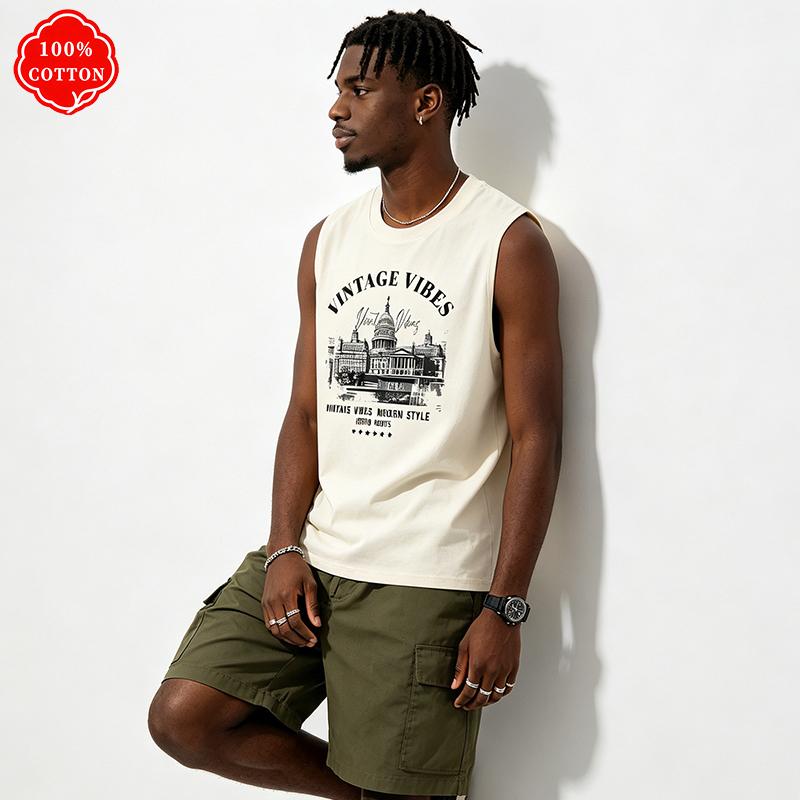 Men's Summer Vest Is Loose-fitting. Features the "VINTAGE VIBES" Pattern Print. A Casual Sleeveless Top