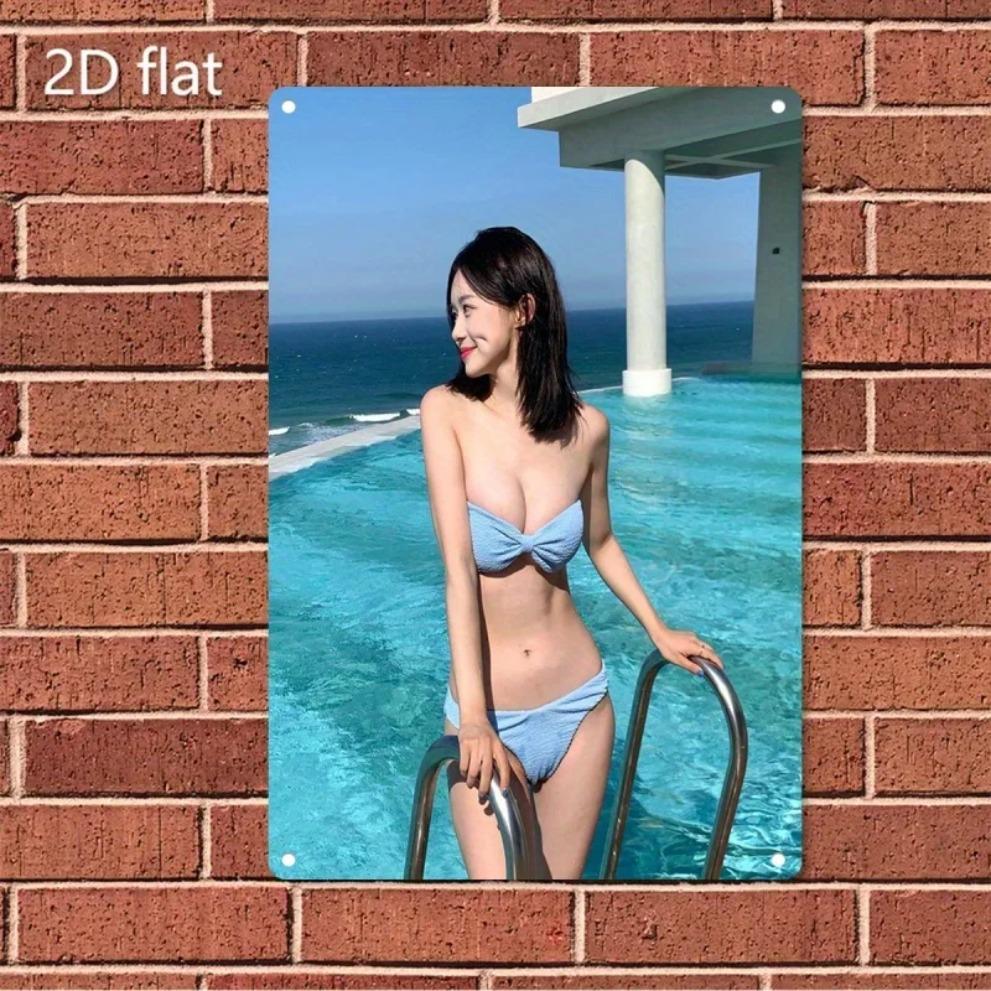 Wall Poster Metal Art - Korean Beauty Model & Bikini Poolside Wall Decor for Home Bar Cafe