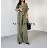 Lapel Curling Short sleeve Linen Blend Travel Hunting Shirts 2273996 High Waist Wide Leg Pants 2116996
