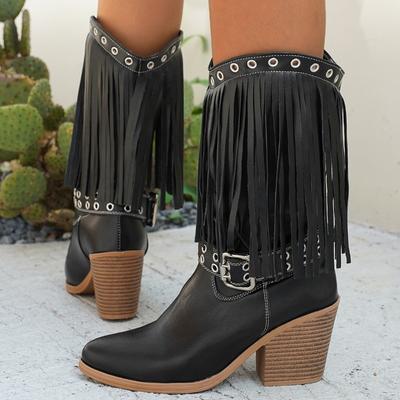 Mode Automne Nouvelles Bottes à Franges pour Femmes Européennes et Américaines Rétro Bout Rond Talon Bloc Bottes Mi-mollet Bottes Western À Enfiler