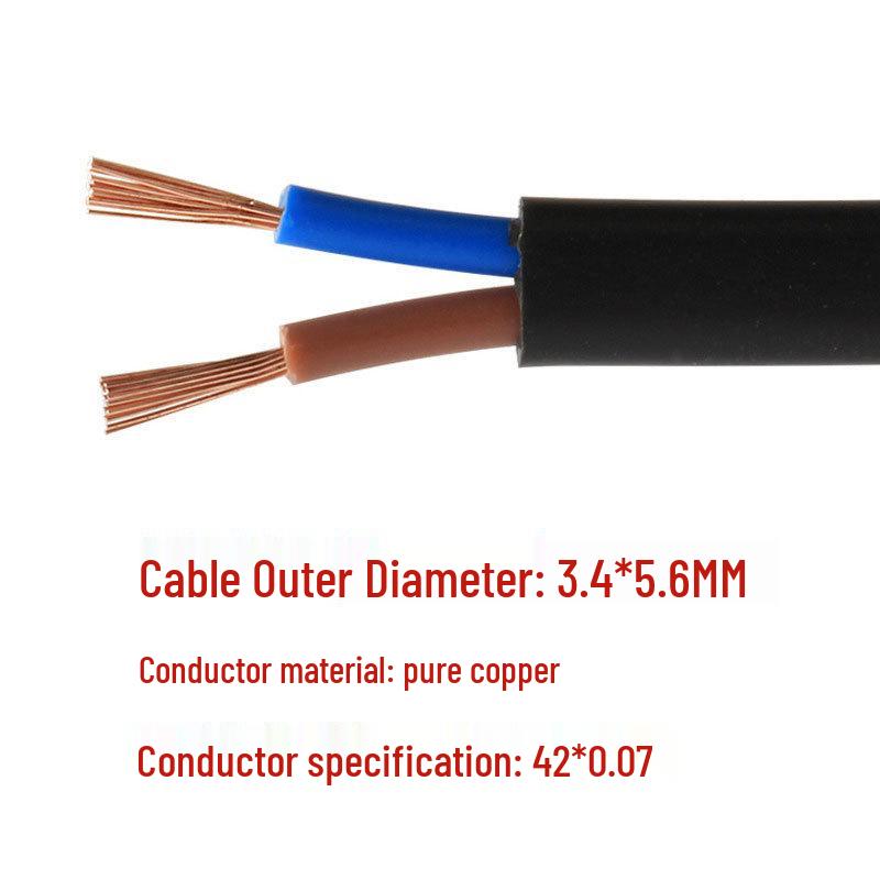 Pure Copper 250W Flat Plug Power Cord with Bare Wire End & Tinned Welding Wire, National Standard, Two-Pin Two-Core