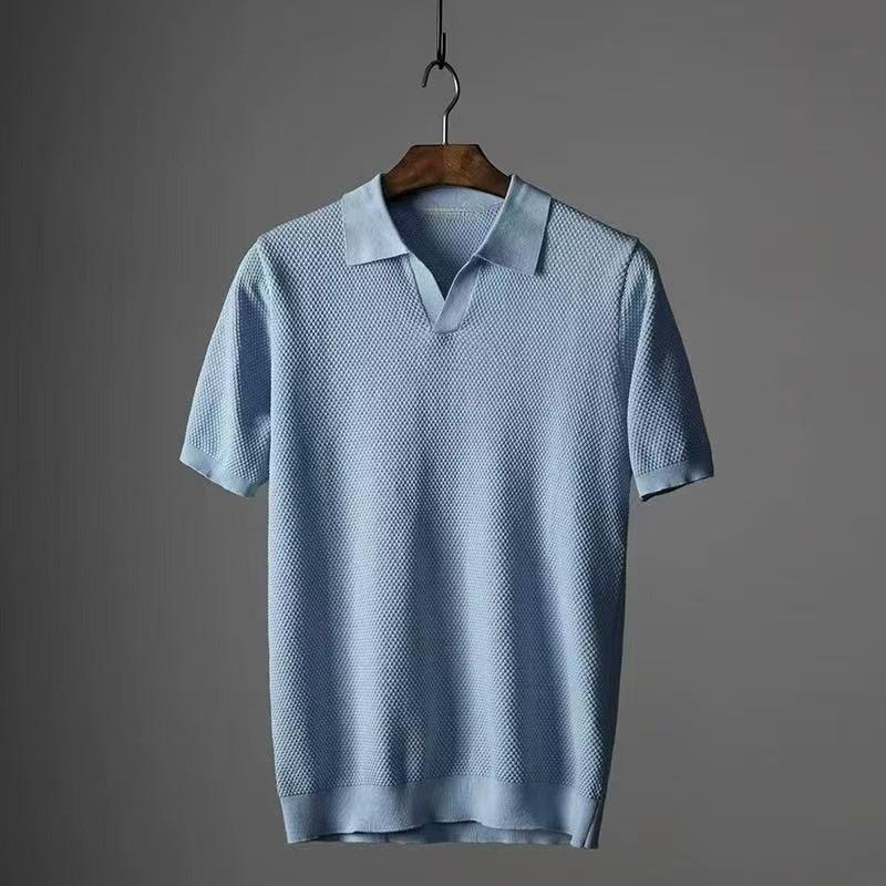 Summer Turn Down Collar Short Sleeve Cotton Knit Polo Shirt For Men