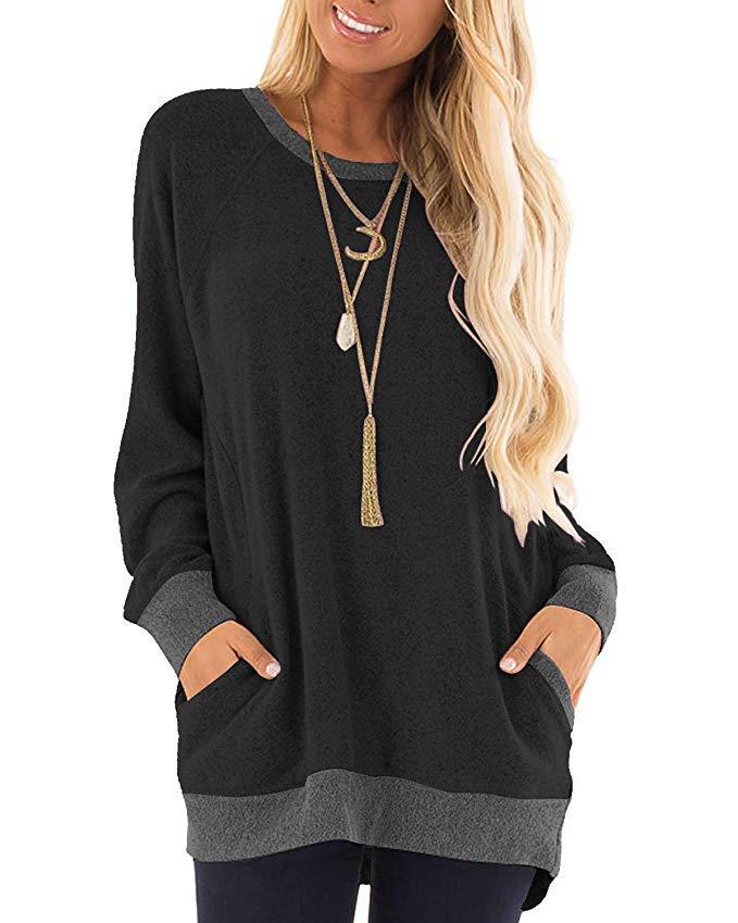 Sweatshirt à col rond bloc de couleur avec poche pour femme - Manches longues T-shirt décontracté