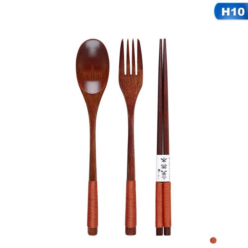 Ξύλινο Πιρούνι Κουτάλι Σετ Τριών Τεμαχίων Ιαπωνικό Κορεατικό Στυλ Ταξιδιωτικά Φορητά Επιτραπέζια Σκεύη Ωραία Επιτραπέζια Σκεύη Συσκευασία σε Τσάντα