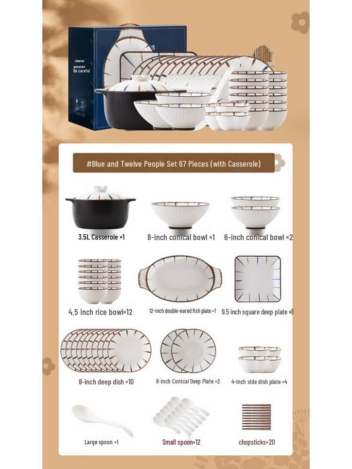 Kangmo Blue Lotus 67-Piece Ceramic Dinnerware Set