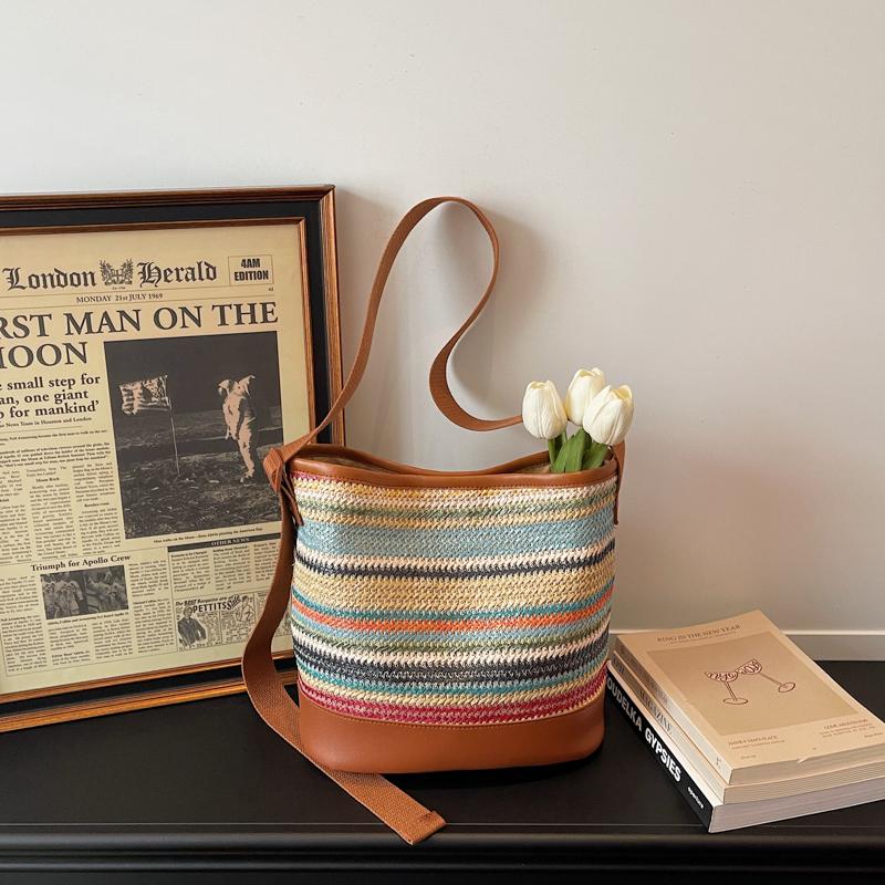 Striped Straw Bag Women's Large Capacity Shoulder Crossbody Bag Beach Bag