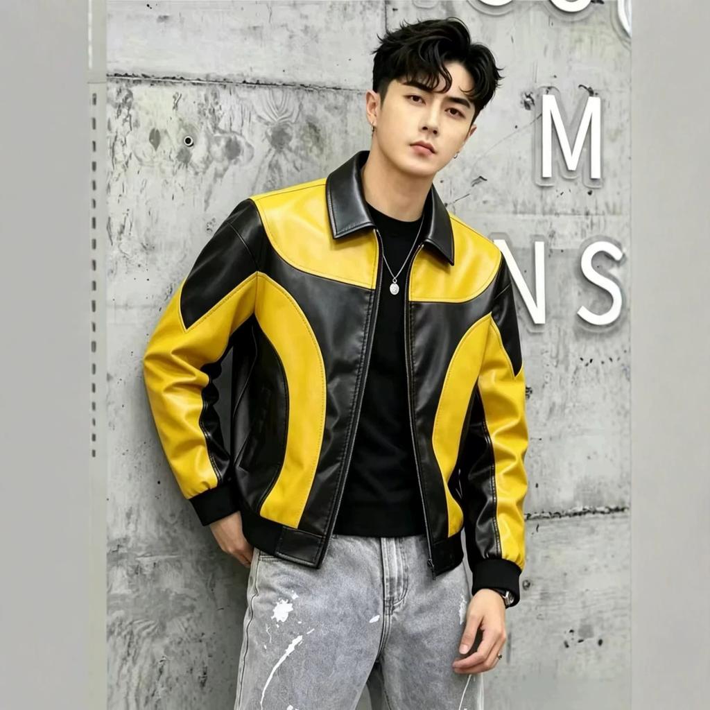 Men's Leather Jacket Splicing Contrasting Jacket Motorcycle Suit Racing Suit Men's Jacket Pu Jacket Machine