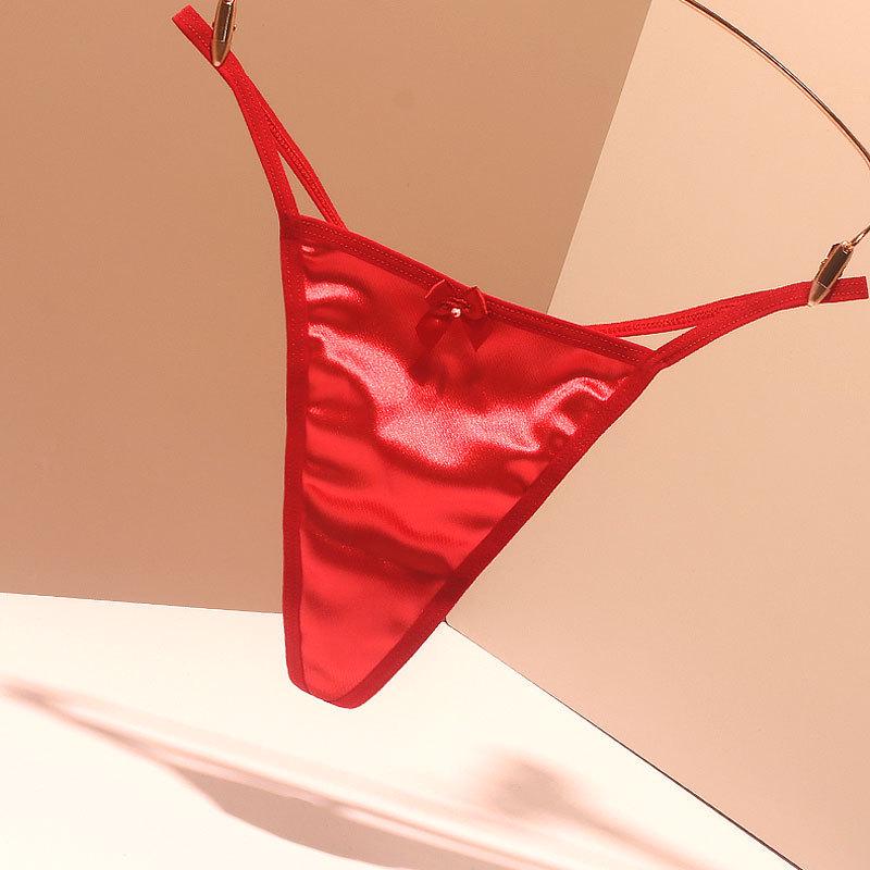 Luxury Satin Seamless Thongs: Sexy Low-Waist Pearl Bow Design with Pure Cotton Crotch