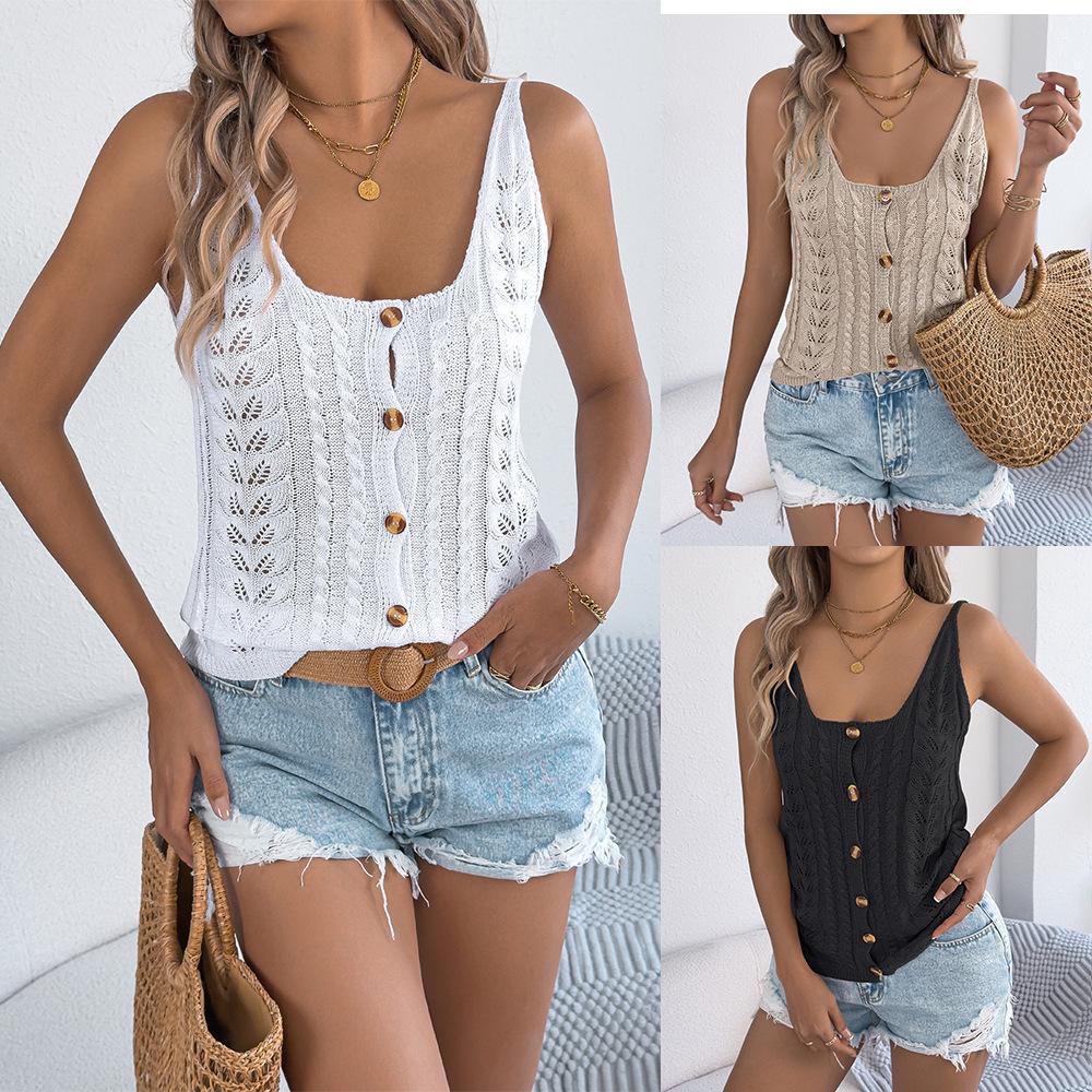Women's Spring Summer Solid Colour Cutout Button Vest Holiday Knitwear
