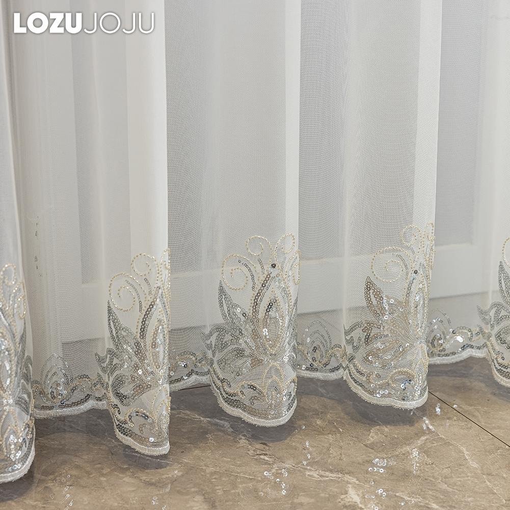 1PC European Transparent Luxury Handmade Pearl Embroidered Sheer Curtains for Living Room Bedroom Home Decor LOZUJOJU