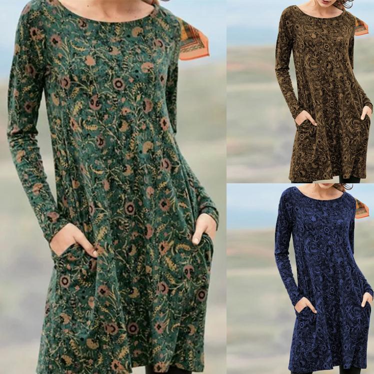 2021 Autumn Floral Print Long Sleeve Pullover Mid-Length Dress for Women