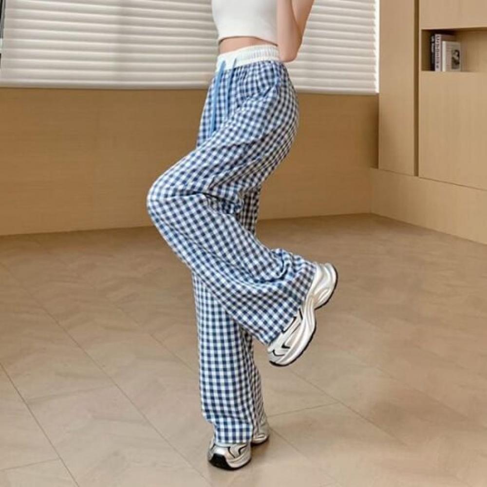 Navava Women Casual Check Banding Thin Pants Np335