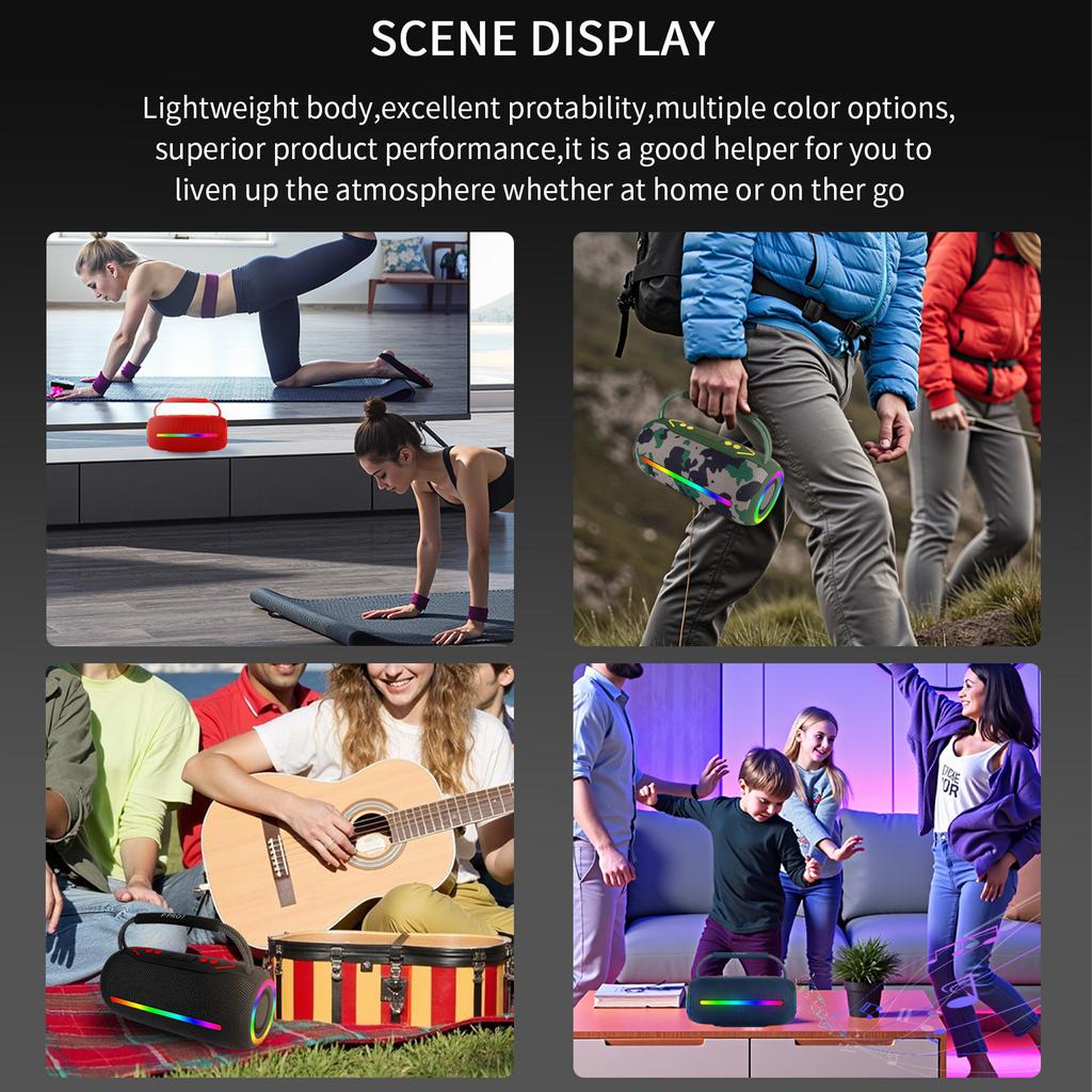 TWS 20W Shock Bass Cool Light Effect Portable Bluetooth Speaker Stereo Sound Wireless Subwoofer Boombox Home Karaoke Waterproof