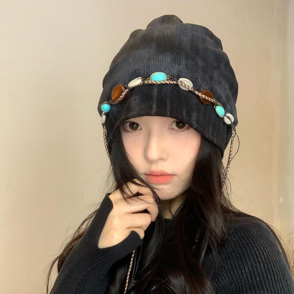 Beaded Tassel Pile Hat for Women Retro Cold Hat Loose Big Head Circumference Showing Face Small Pile Hat Trendy