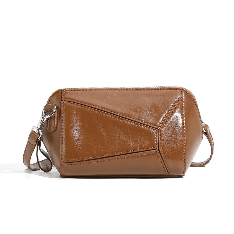 Vegetable Tanned Cowhide Retro Geometric Splicing High-end New Leather Versatile Fashion Single Shoulder Crossbody Woman