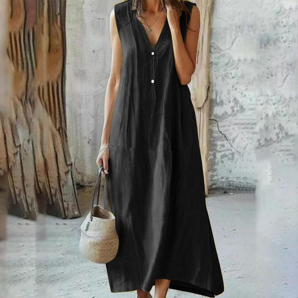Women's Fashion V-Neck Sleeveless -Colour Casual Resort- Maxi Dress In Cotton-Linen Blend