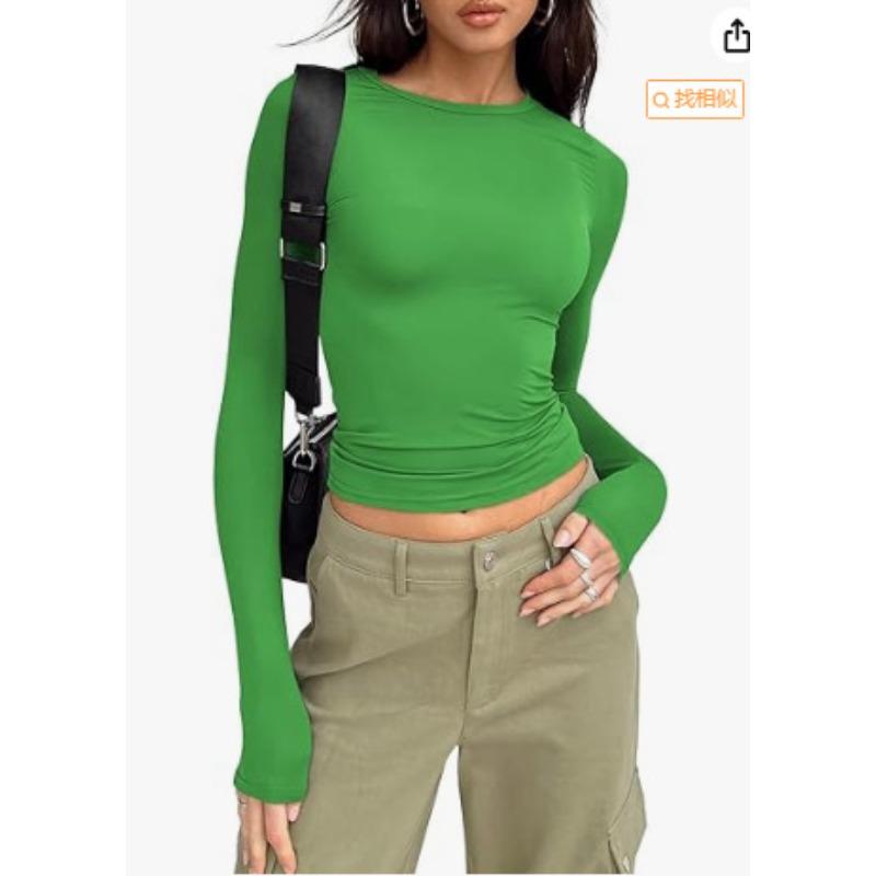 Women's Spring New Shirt Solid Color Crew Neck Bottom Shirt Slim Wear Hand Long Sleeve Top Women