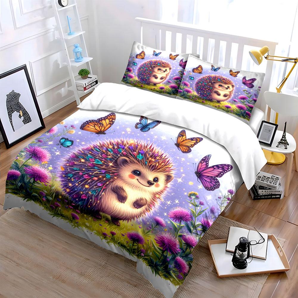 Hedgehog and Butterflies Nature Illustration Exquisite three-piece bedding set gift for kids and adults