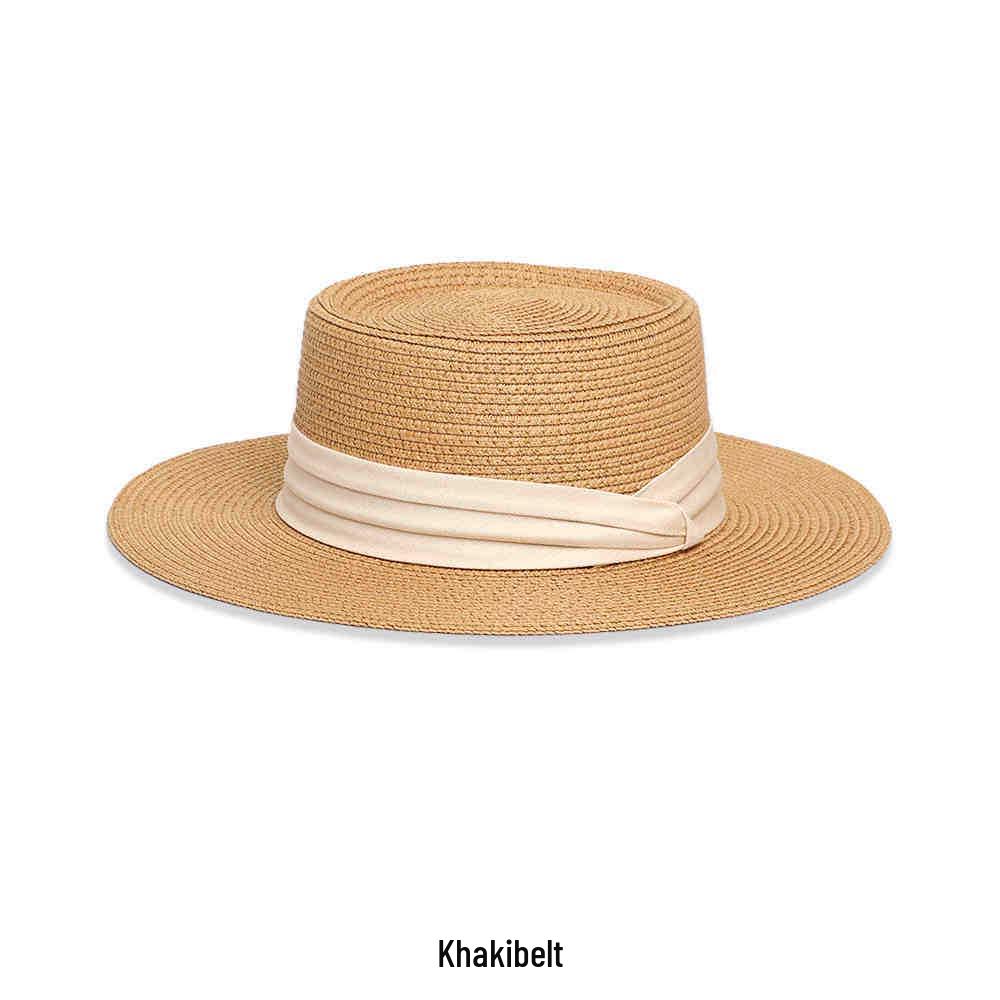 Women's French Summer Straw Hat, Large Brim, Ribbon, Flat Top, Outdoor Travel Sun Protection