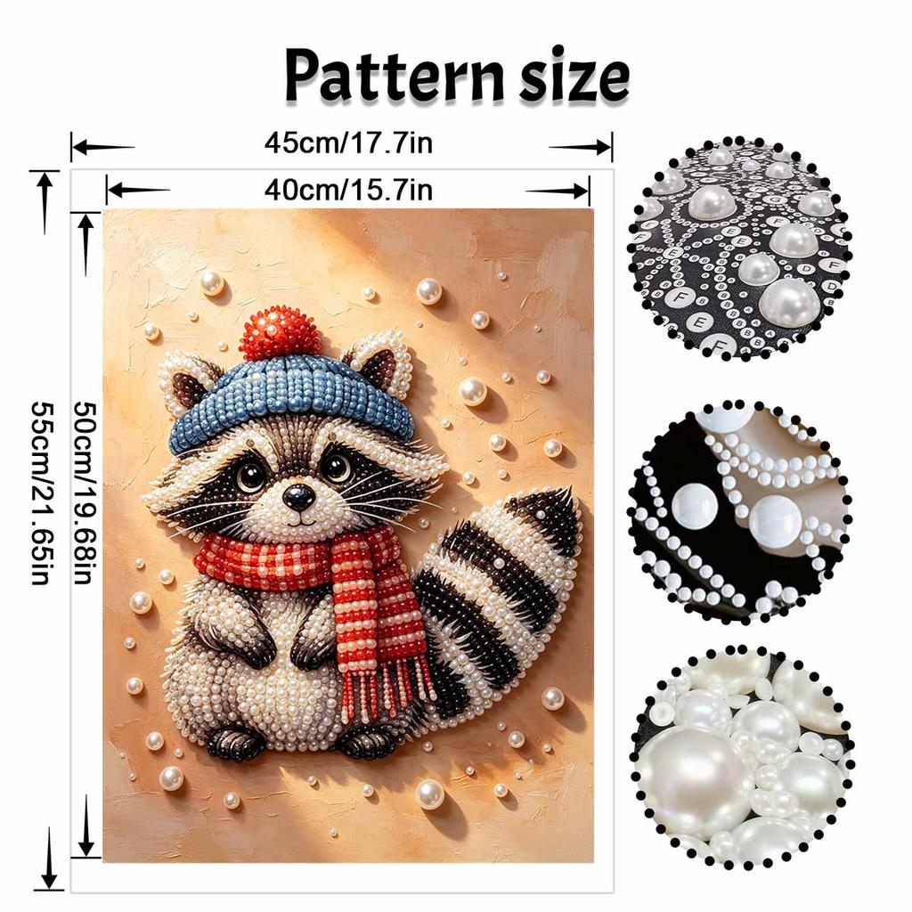 DIY Pearl Bead Painting Kit Cute Raccoon Winter Hat Scarf Stress Relief Craft Frameless 3D Canvas Art for Adults Home Decoration Gift