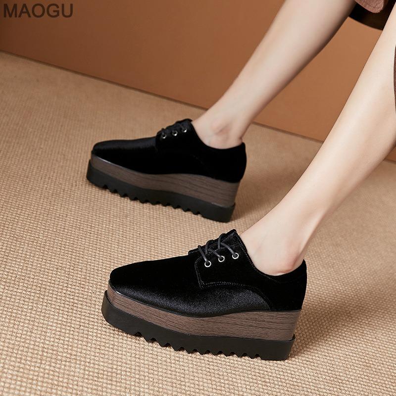 

8CM Women s Black Suede Platform Wedges Shoes Ladies High Heel Pumps Fashion Design Square Toe Lace Up British Style Shoes Women 40
