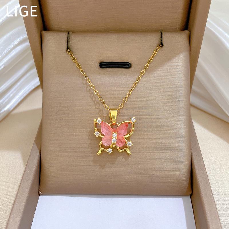 Titanstahl, Leere Rosa Schmetterling Leichter Luxus Temperament Wunderschöne Voll Diamant Halskette Damen Vielseitige Schlüsselbeinkette Titanstahlkette