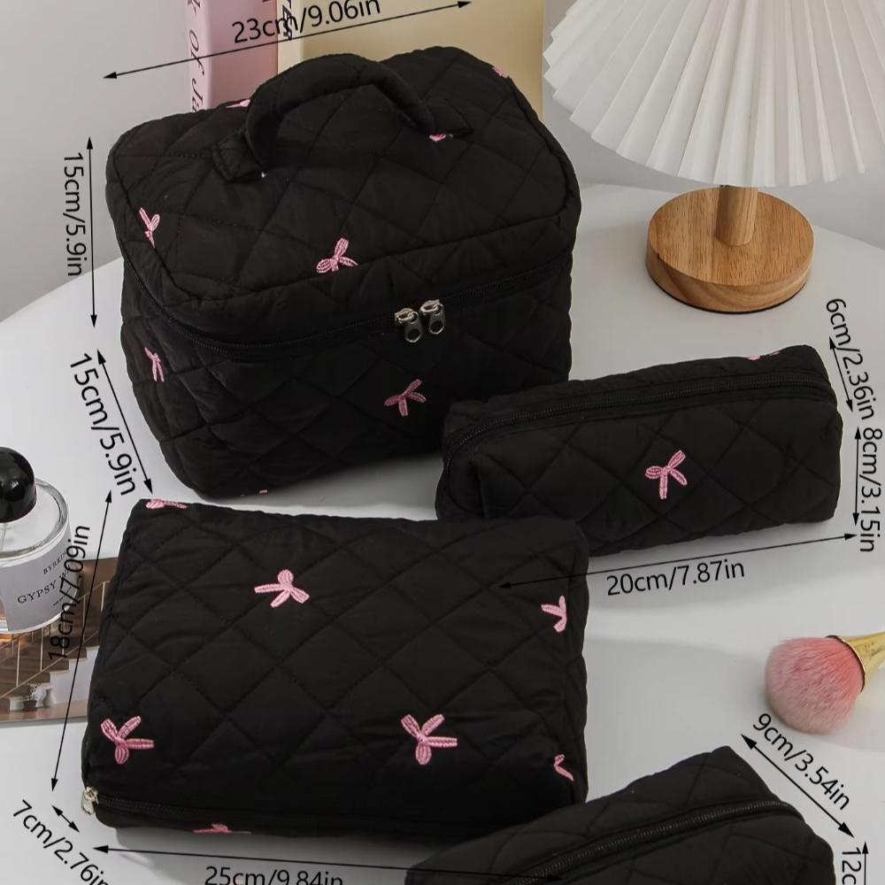 Black Women Portable Makeup Bag Large Capacity Pink Bow Quilting Cosmetic Pouch Ladies Travel Toiletry Storage Bag