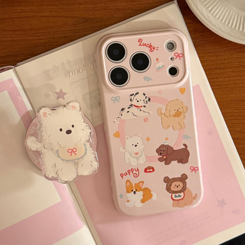 Korean Style Cartoon Puppy Suitable for Apple 17promax Mobile Phone Case Iphone16 Magnetic Bracket 15 Anti-fall 13 Soft Shell