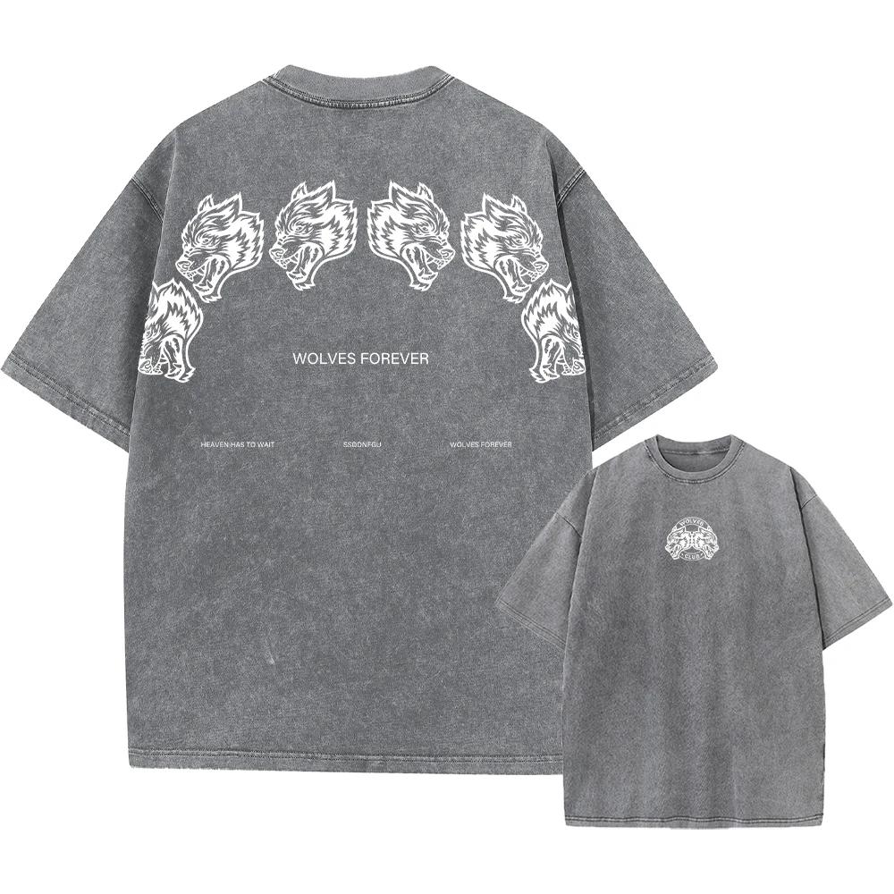 Pánské tričko s potiskem vlků, vintage styl, s potiskem kyseliny, s krátkým rukávem a skateboardovým potiskem, bavlněné a chlapecké.