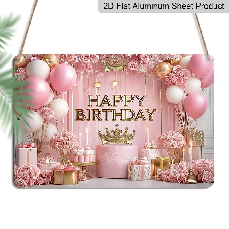 

2D Flat, 1pc Happy Birthday Pink & Gold Plaque - Princess Birthday Decor Sign with Crown & Roses, Soft Pink & Gold - Aluminium Wall Hanging 20*30cm