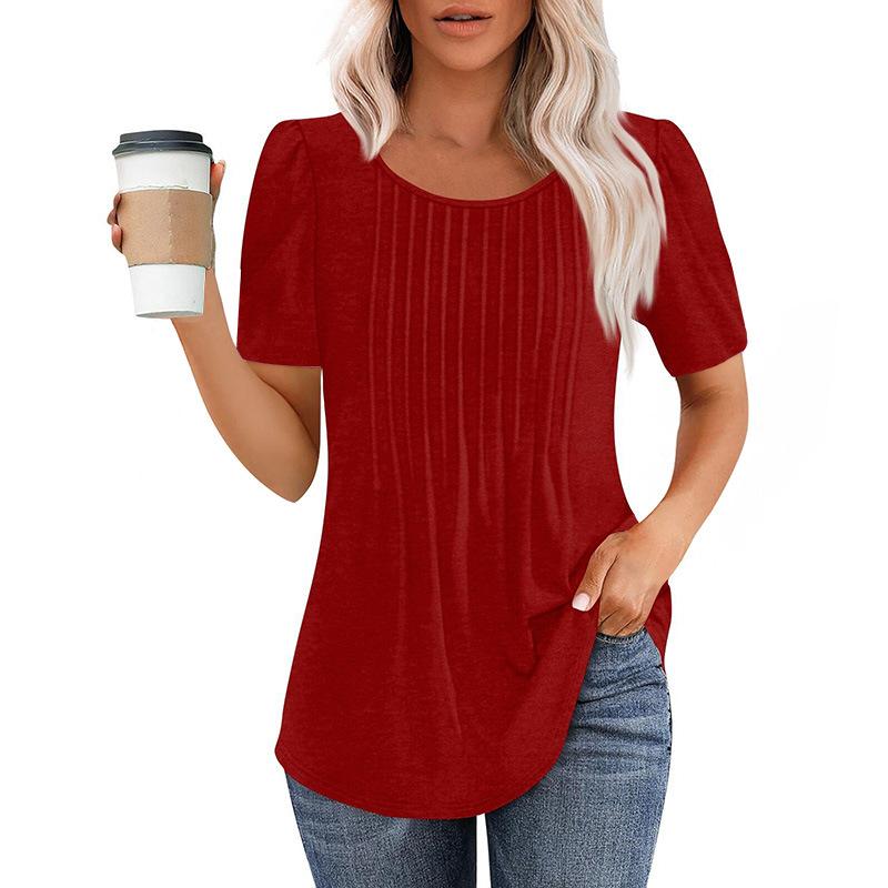 Neues plissee-Rundhals-Kurzarm-T-Shirt Damen-Oberteil Damenbekleidung