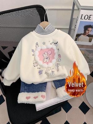 Toddler Girls' Cartoon High-Neck Sweatshirt, Autumn/Winter 2025, Velvet Pullover, Cute and Stylish