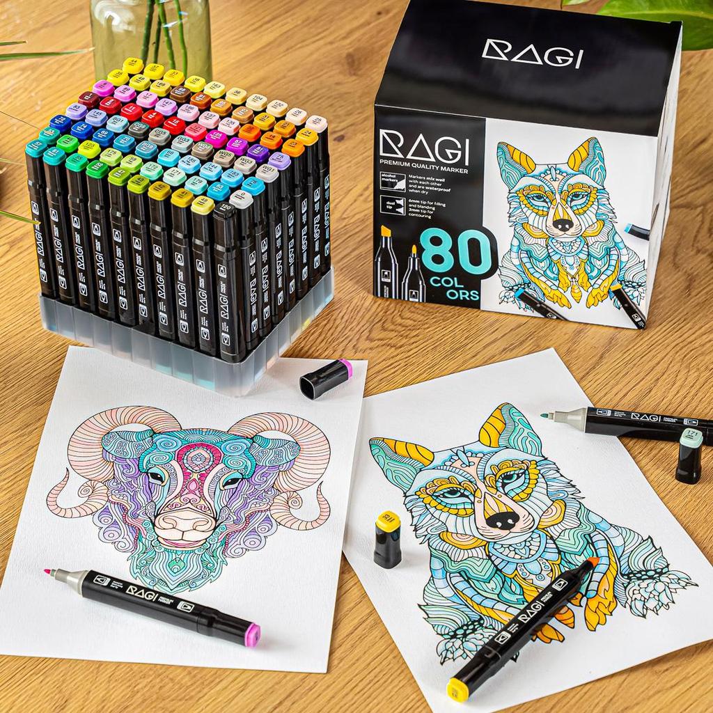 RAGI Pennarelli ad Alcool 80 Pennarelli fronte/retro, Doppia Punta, Set da Disegno Artistico Professionale