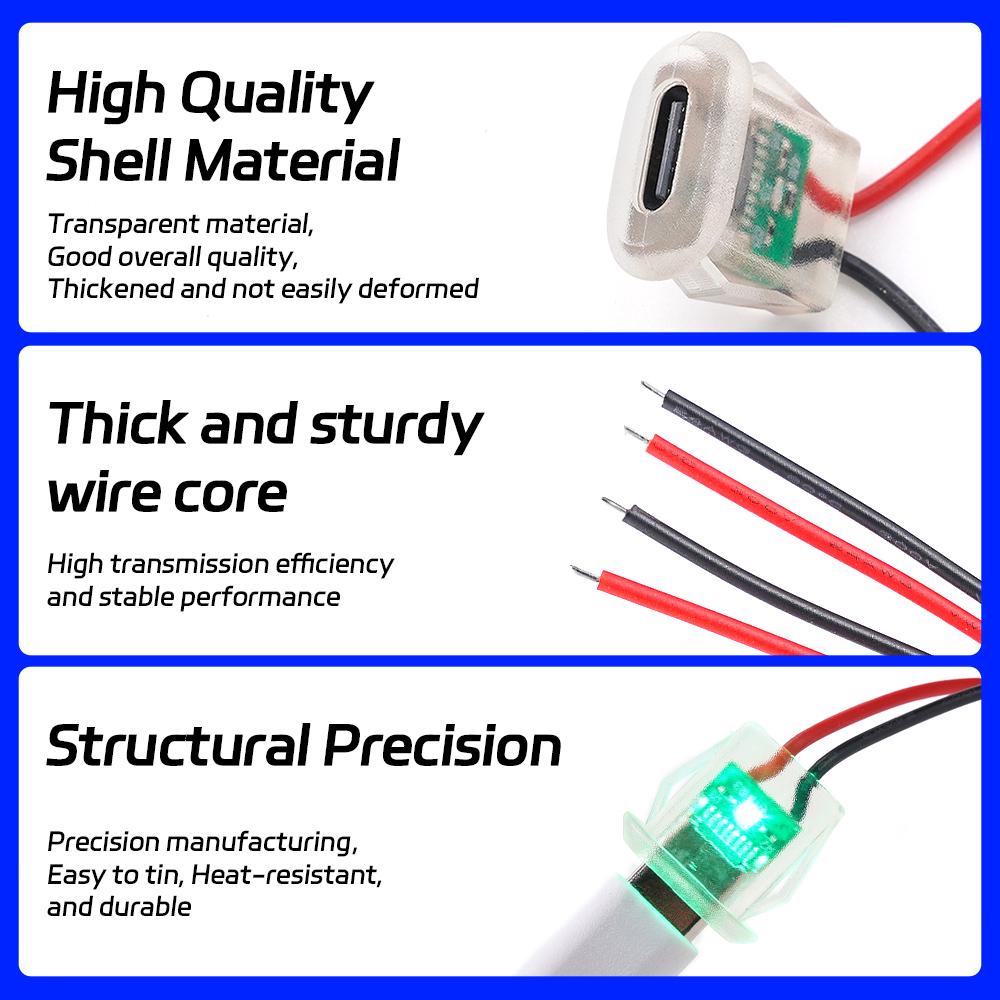 2pinová nabíjecí zásuvka USB typu C 5A se vstupem s LED světlem Plochý napájecí konektor USB-C s pocínovaným měděným koncem ženský konektor