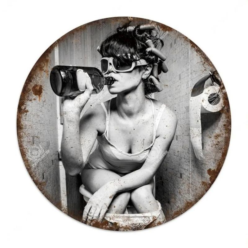 DORA Tin Sign Vintage Woman with Bottle Humorous Metal Panel Wall Decor 20x30cm(7.8x11.8inch)