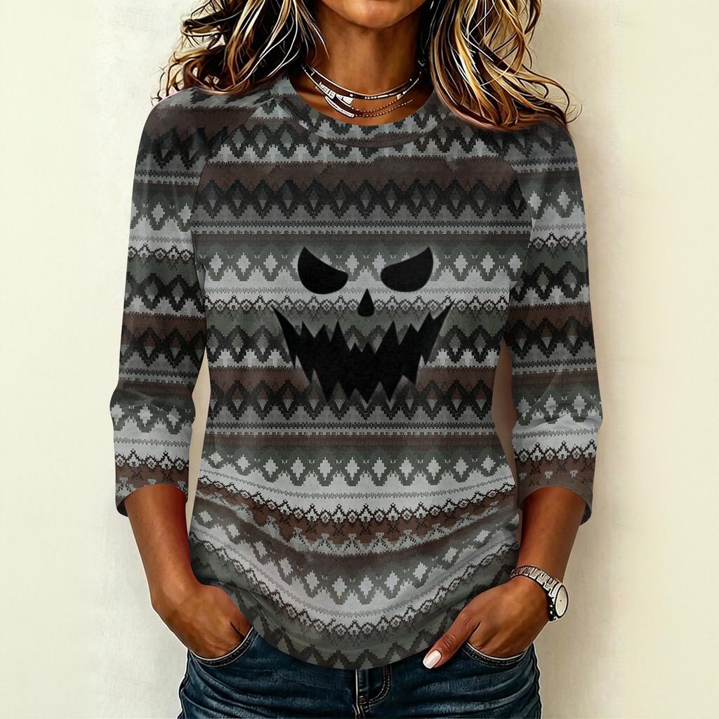 Women's Casual Raglan Sleeve Crew Neck Three Quarter Sleeve Halloween Graphic T Shirt Top for Everyday Wear