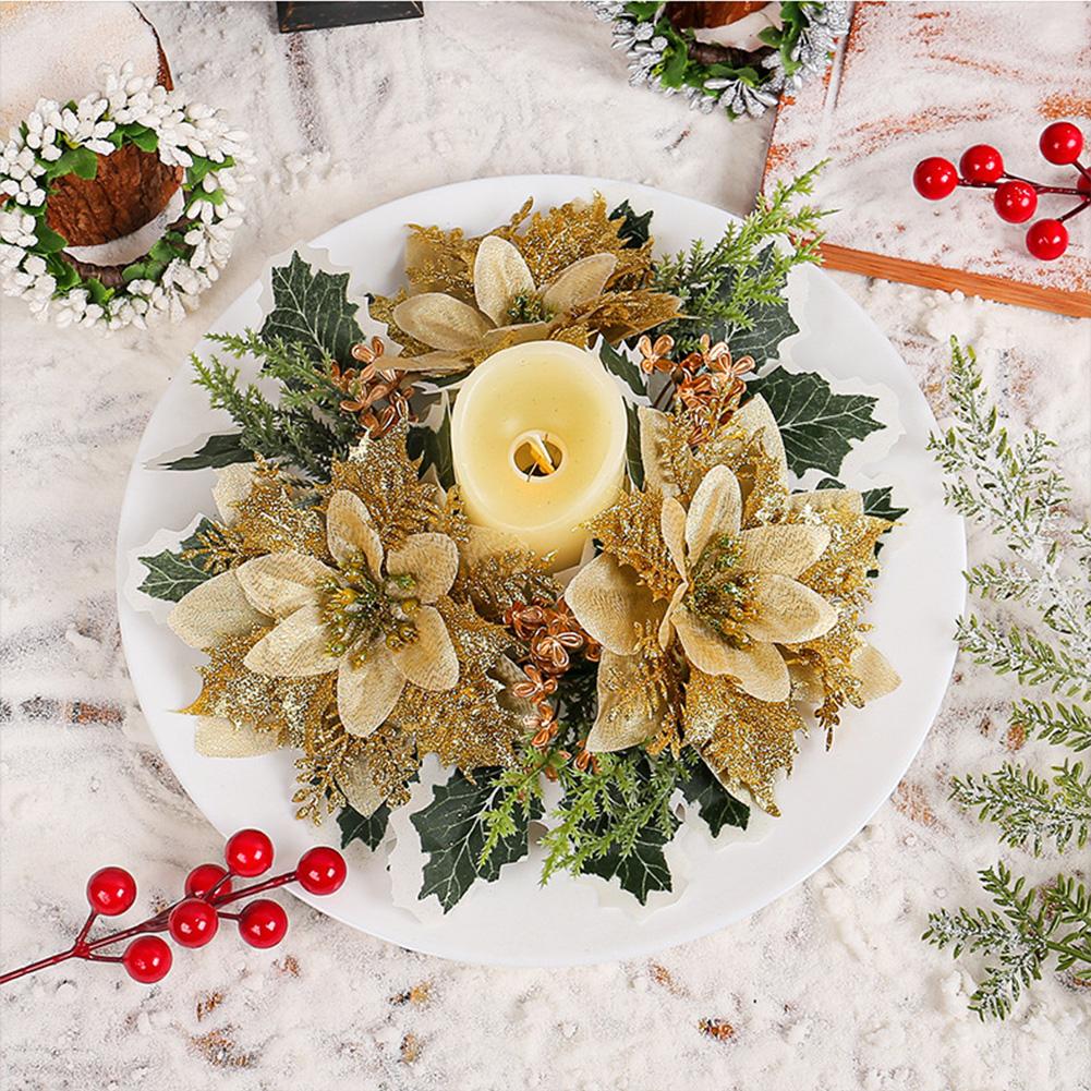 2 Pcs Christmas Candle Rings Candle Wreaths Poinsettia Holly Leaves Berries Decor