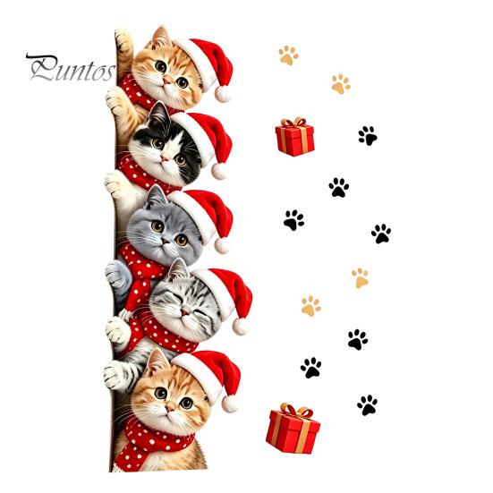 Holiday Decorative Door Clings Christmas Cat Sticker, Cute Santa Hat Kittens Wall Decal, Self Family Festive Interior Decorations Adhesive Waterproof