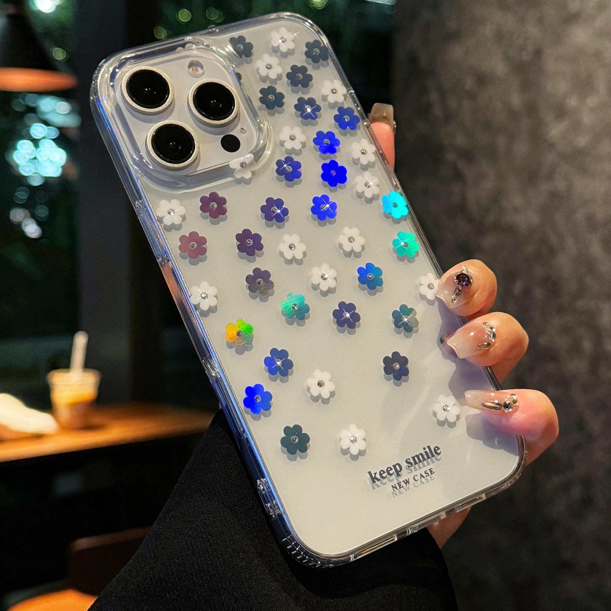 

For iPhone 15 Pro Max Case Laser Flower IMD PC+TPU Clear Phone Cover Cream Flowers