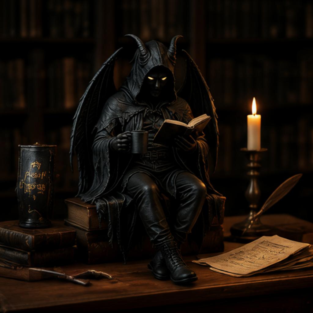 Gothic Dark Fantasy Character, 2026 Sitting Reaper Reading Sculpture, Novel and Mysterious Reading Character Sitting Carving Gothic Art Collector Hom