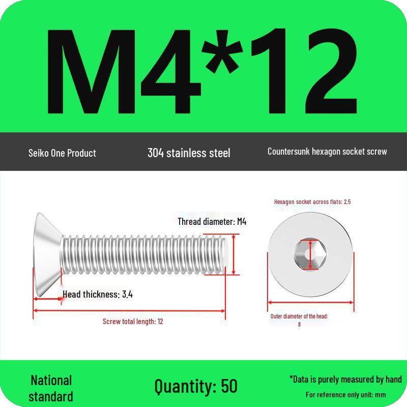 M2-M10 Stainless Steel Flat Head Machine Screws and Bolts Set, Countersunk Hex Socket Cap, 304 Grade.