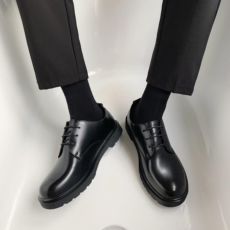 Leather men's shoes business casual dress black small leather shoes derby round head men's leather shoes suit wedding shoes men