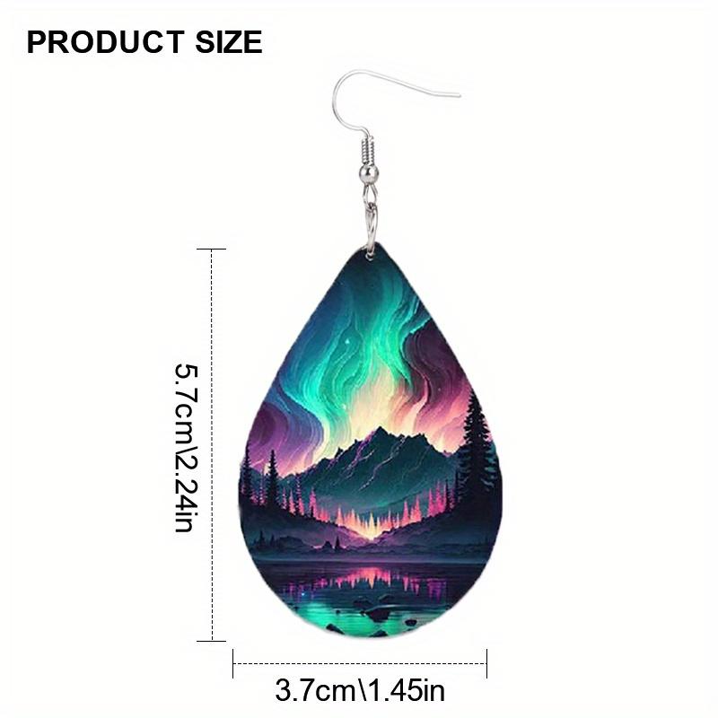 Colorful Aurora & Ocean Sunrise Pattern PU Faux Leather Earrings Women's Fashion Water Drop Dangle Earrings