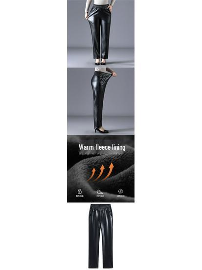 Women's High Waist Fleece-Lined Leather Pants - Winter Straight Leg, Loose Fit, Waterproof, Plus Size, Ideal for Work and Casual Wear