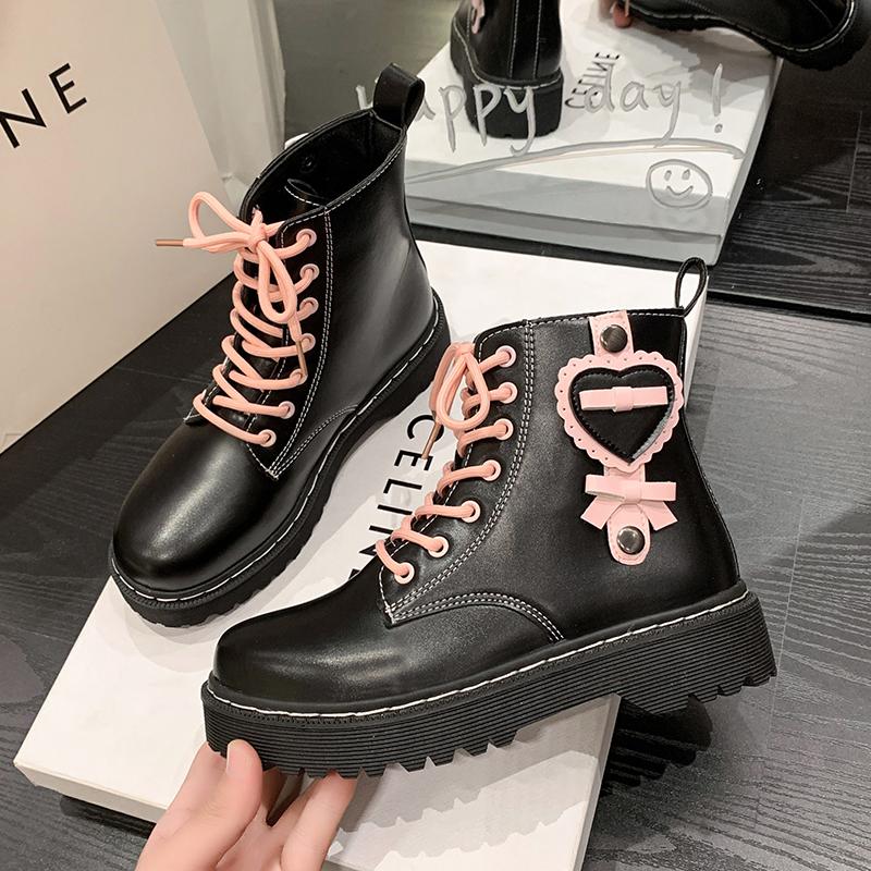 Hart Enkellaarzen Dameslaarzen Gotische Platte Dames Schoenen Platform Veterschoenen Leren Enkellaarsjes Dames Schoenen D453 Roze Liefdevol