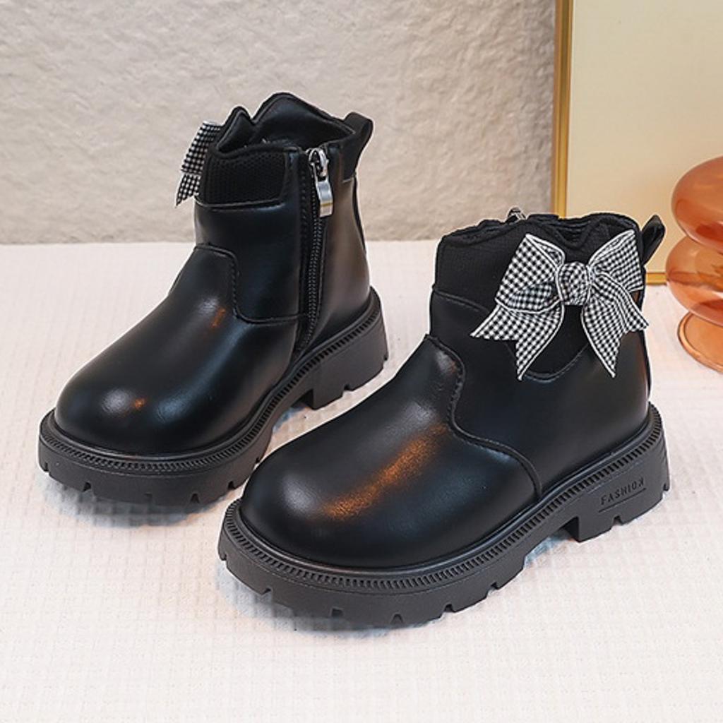 Kids Princess Boots Girls High Top Side Zipper Plaid Tie Bow Autumn Winter Boots Children Soft Bottom Anti-Slip PU Leather Shoes