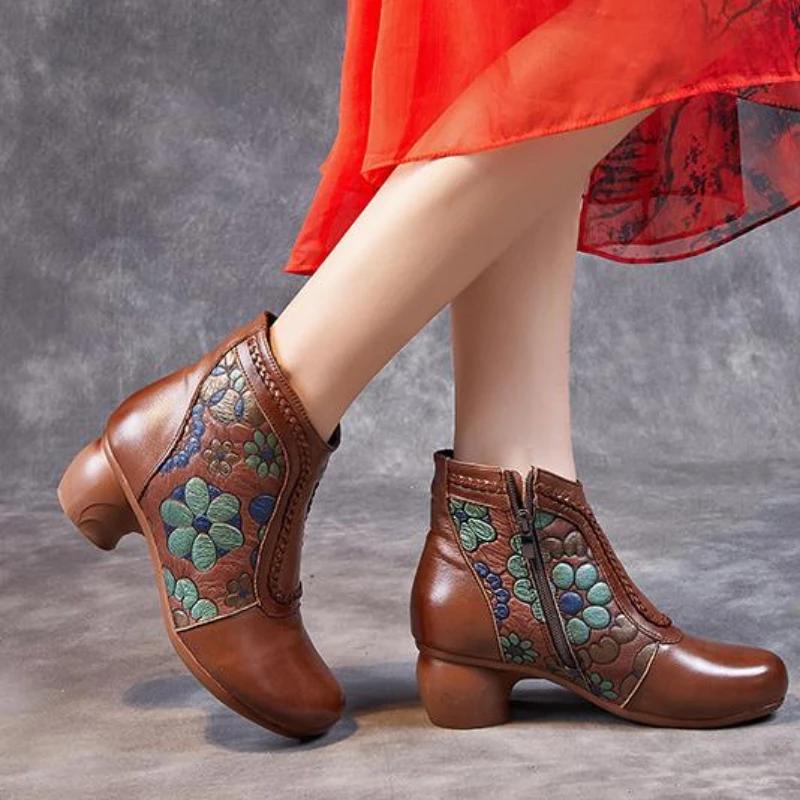 Mode 2024 Nya Höst Vinter Äkta Läderskor Damstövlar Rund Tå Tryck Sömnad Dragkedja Retro Fritid Plattformstövlar